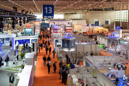 Hannover, Germany - June 13, 2018: Overview of Hall 13 with several booths at the CeBIT 2018. CeBIT is the world's largest trade fair for information technology.