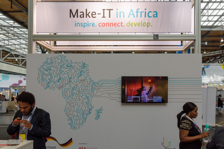 Hannover, Germany - June 13, 2018: Thematic booth from africa at CeBIT 2018. CeBIT is the world's largest trade fair for information technology.のeditorial素材