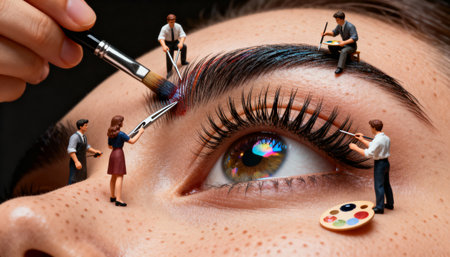 Miniature artists painting and styling a woman's eyebrowの写真素材