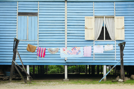 Clothes hanging on clotheslineの写真素材