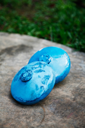 Blue tops on the groundの写真素材