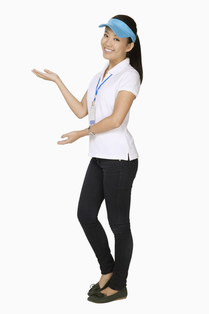 Woman posing with hand gesturesの写真素材
