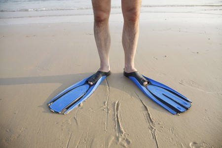 Legs wearing blue flippersの写真素材