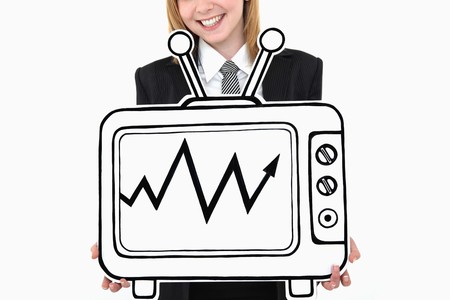 Businesswoman holding television indicating stock market growth