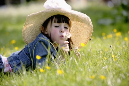 Girl blowing dandelion in the meadowの写真素材