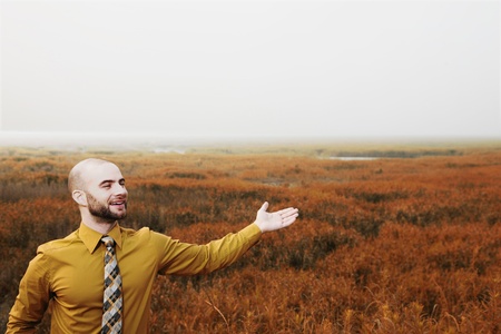 Businessman with arm outstretched, green field in the backgroundの写真素材