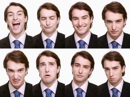 Montage of businessman pulling different expressionsの写真素材