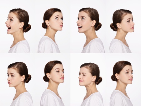 Montage of woman pulling different expressionsの写真素材