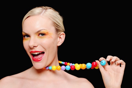 Woman with colorful necklaceの写真素材