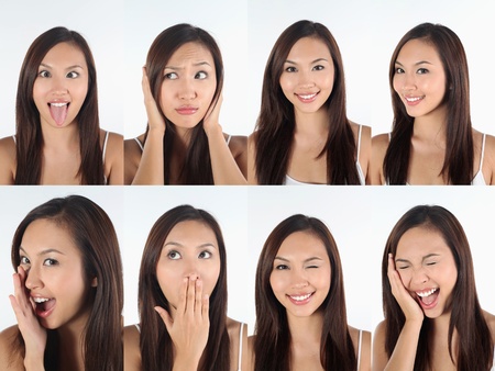 Montage of woman pulling different expressionsの写真素材