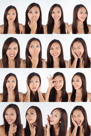 Montage of woman pulling different expressionsの写真素材