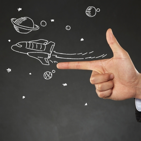 Illustration of a spaceship flying awayの写真素材