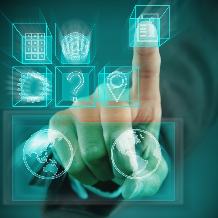 Index finger pointing at digital cubes with different symbols