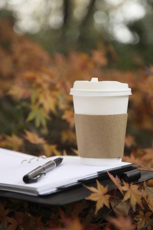Disposable cup and pen on organizer