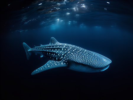 A Whale shark, the largest fish in the sea, moves gracefully through the deep blue water. Its patterned body, dotted with white spots, stands in stark contrast to the dark ocean depths. Small remora fish cling to its massive body, catching a free ride. This image captures the majestic presence of the Whale shark and the rich biodiversity of the ocean.の素材