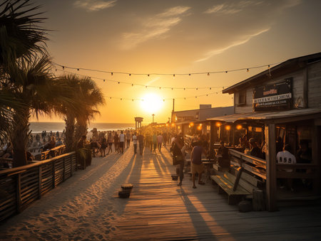 A breathtaking photo taken at dusk, capturing the warm glow of the setting sun as it casts a golden light over a bustling boardwalk, filled with street performers, food vendors, and visitors. The wooden planks of the boardwalk gleam with the sun's reflection, while the calm ocean waves crash gently in the distance. The shot is framed by a silhouette of palm trees, swaying in the gentle breeze.の素材