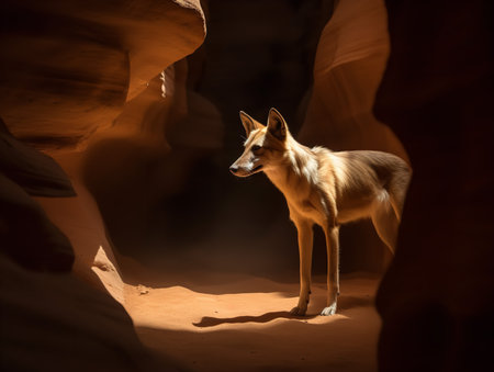 A coyote strolls through the winding passages of Antelope Canyon, its tawny fur complementing the warm hues of the sandstone walls. Light filters through the narrow slits above, casting an array of intricate shadows and illuminating particles of drifting sand. The coyote's bright eyes reflect the play of light, adding a sense of life to this stunning geological wonder.の素材