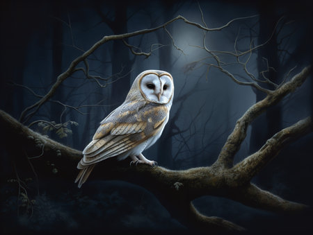 A barn owl perches on an ancient oak tree in the heart of a moonlit forest, its pale feathers glowing against the darkness. The owl's golden eyes gaze intently into the distance, embodying its role as a silent and vigilant guardian. The surrounding forest, bathed in the silver light of the full moon, creates an atmosphere of mystic tranquility.の素材