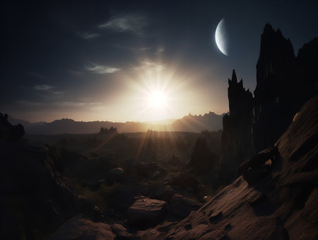 A photograph depicting the rare and captivating moment of a total solar eclipse, casting an eerie shadow over an alien landscape with jagged rocks and bizarre formations. A corona of light radiates around the dark silhouette of the moon.の素材