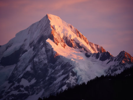 A majestic, snow-capped mountain stands tall, casting a shadow on the surrounding valley. The sky above is a gradient of oranges and purples, creating a breathtaking backdrop for the mountain's resolute beauty.の素材