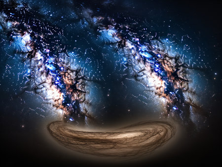 A photograph displaying the awe-inspiring view of a distant spiral galaxy's cosmic rift. The great divide separates the galaxy into two distinct halves, with swirling arms of stars and dust creating a mesmerizing celestial panorama.の素材