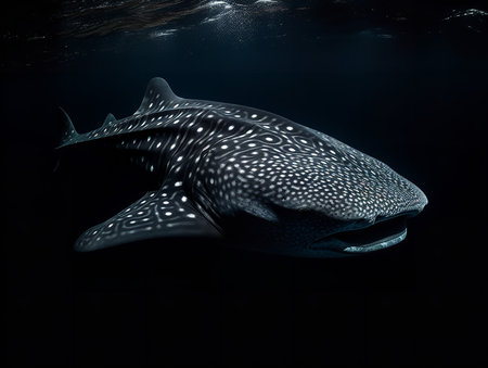 A Whale shark, the largest fish in the sea, moves gracefully through the deep blue water. Its patterned body, dotted with white spots, stands in stark contrast to the dark ocean depths. Small remora fish cling to its massive body, catching a free ride. This image captures the majestic presence of the Whale shark and the rich biodiversity of the ocean.の素材