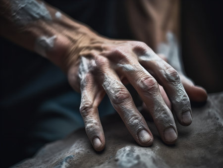 A rock climber's hands, clad in chalk, gripping a rock with sheer determination. The photo emphasizes the importance of strength, technique, and mental focus in this challenging sport.の素材