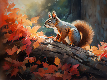 A squirrel perches on an ancient oak tree in a dense forest, a brightly colored leaf clutched in its tiny paws. It's autumn, and the forest floor is carpeted in a sea of red, orange, and yellow leaves. Sunlight filters through the canopy, casting dappled shadows and highlighting the squirrel's bushy tail and inquisitive eyes. Behind, the forest fades into a soft, dreamy haze.の素材