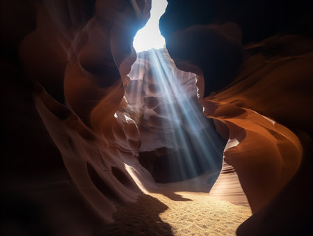 The sun casts beams of light into the depths of a slot canyon, creating a dance of light and shadow on the smooth, curved walls. The warm tones of the sandstone create a stunning contrast with the deep blue of the sky above, showcasing the awe-inspiring beauty of this geological wonder.の素材