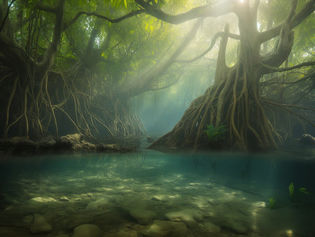 A thriving mangrove ecosystem, with roots and branches intertwining to create a dense, living network. The still water reflects the green canopy above, as fish and other marine creatures dart between the roots, showcasing the interconnected beauty of this unique habitat.の素材