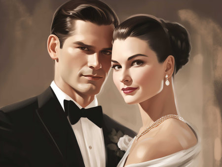 A classic portrait-style clipart featuring a bride and groom in a formal pose. The refined attire, poised expressions, and attention to detail capture the essence of a timeless and traditional wedding, embodying elegance, grace, and the celebration of love.の素材