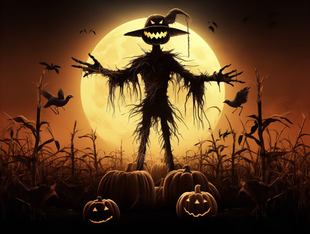 A clipart image of a spooky scarecrow standing tall in a pumpkin patch, with a full moon glowing in the background.の素材
