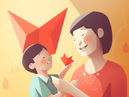 A clipart image showing a child presenting their mother with an origami heart they made, both smiling warmly.の素材