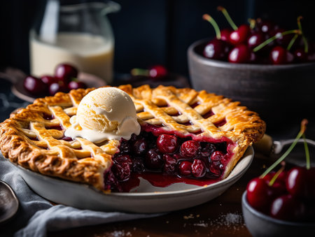 A close-up shot of a cherry pie with a lattice top crust, showcasing the glossy, syrupy cherries peeking through the golden-brown, buttery pastry. A scoop of melting vanilla ice cream is served on the side.の素材