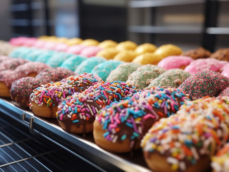 A close-up shot of a donut display at a popular bakery. The donuts are frosted in an array of colors with various toppings like rainbow sprinkles, chocolate glaze, and crushed nuts, each one looking more delicious than the last.の素材