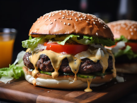 A close-up shot of a gourmet burger, showcasing the succulent beef patty, melted cheese, fresh lettuce, tomato, and pickles sandwiched between two toasted buns. A drizzle of special sauce completes the masterpiece.の素材