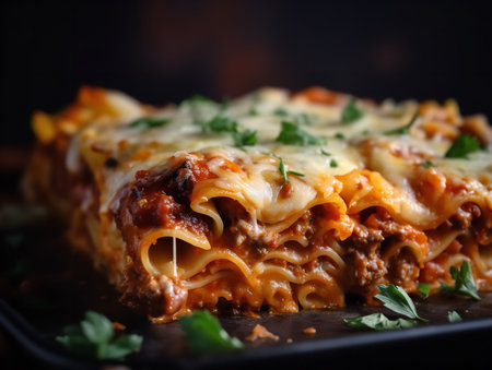 A close-up shot of a lasagna dish fresh out of the oven, showcasing the inviting layers of pasta sheets, rich tomato sauce, ground meat, and melted cheese, all beautifully caramelized on top.の素材