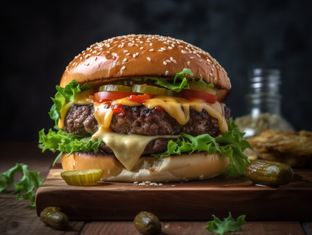 A close-up shot of a gourmet burger, showcasing the succulent beef patty, melted cheese, fresh lettuce, tomato, and pickles sandwiched between two toasted buns. A drizzle of special sauce completes the masterpiece.の素材