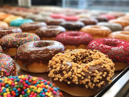 A close-up shot of a donut display at a popular bakery. The donuts are frosted in an array of colors with various toppings like rainbow sprinkles, chocolate glaze, and crushed nuts, each one looking more delicious than the last.の素材