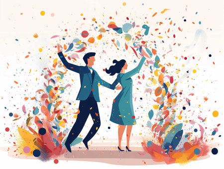 A festive clipart featuring a shower of colorful confetti, symbolizing the joyful celebration of a wedding. The confetti fills the air with excitement and cheer, creating a lively and exuberant atmosphere for the couple and their loved ones.の素材