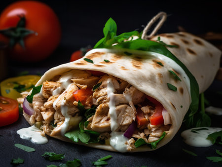 A close-up shot of a chicken shawarma wrap, featuring juicy marinated chicken, fresh vegetables, and creamy tahini sauce all wrapped in a warm pita. The vibrant colors and varied textures make it a visually appetizing meal.の素材