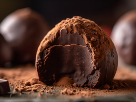 A close-up shot of a chocolate truffle, showcasing its rough, cocoa-dusted exterior and the rich, creamy ganache peeking out from a bite mark.の素材