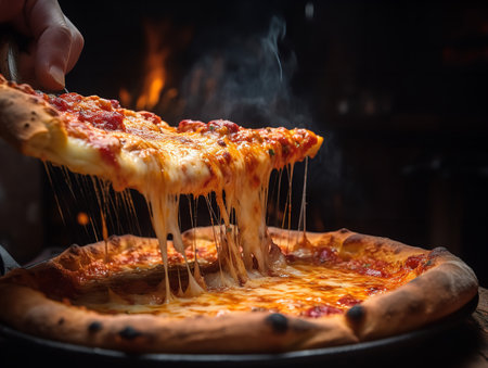A mid-action shot of a hot, cheesy pepperoni pizza being lifted from its pan in a bustling pizzeria. The melting cheese stretches elegantly and the golden crust contrasts with the vibrant red tomato sauce.の素材
