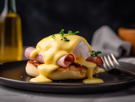 A close-up shot of an egg benedict, showcasing a perfectly poached egg atop a crispy English muffin and ham, all drenched in a creamy Hollandaise sauce. The runny yolk creates a mouthwatering sight.の素材
