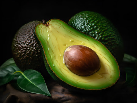 A close-up shot of a ripe avocado, halved, showcasing the creamy, green flesh and the glossy, dark pit. The vibrant color of the flesh stands in stark contrast to the textured, dark outer skin.の素材