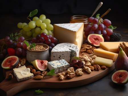 A close-up shot of an artisanal cheese board, showcasing a selection of fine cheeses, fresh fruits, nuts, and honey. The contrasting textures and colors make for a visually appealing display.の素材