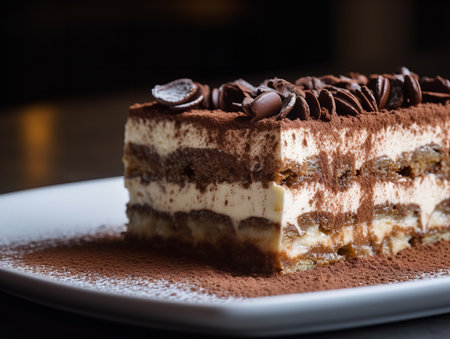 A close-up shot of a tiramisu, highlighting the delicate layers of espresso-soaked ladyfingers, creamy mascarpone, and dusted cocoa powder. The visual strata and creamy texture offer an enticing invitation.の素材