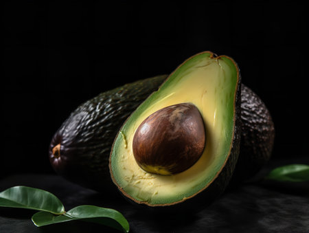 A close-up shot of a ripe avocado, halved, showcasing the creamy, green flesh and the glossy, dark pit. The vibrant color of the flesh stands in stark contrast to the textured, dark outer skin.の素材