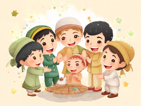 Muslim family celebrating happy new year and merry christmas vector illustration.の素材
