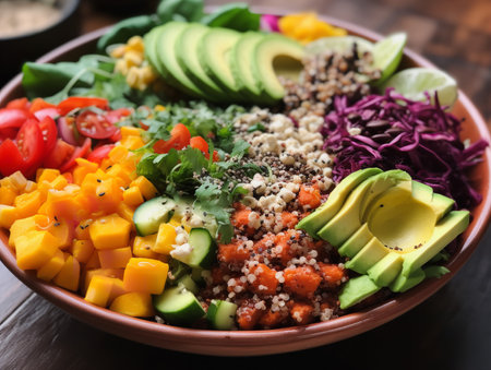 A close-up shot of a vegan salad bowl, overflowing with a colorful array of fresh vegetables, quinoa, and avocado slices. The beautiful display of nutritious ingredients makes for a healthy and appetizing meal.の素材